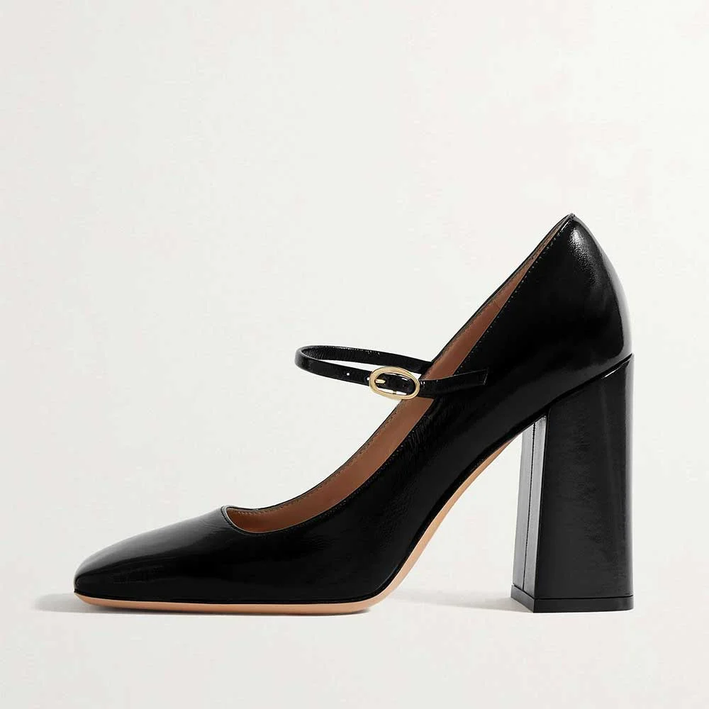 Black Patent Leather Square Toe Mary Jane Pumps with Chunky Heels Nicepairs
