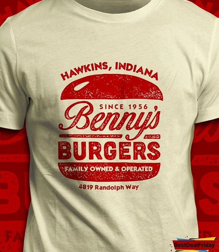 Stranger Things Inspired Benny's Burgers Unisex Vintage T-Shirt Netflix Graphic Tee Casual Short Sleeves White Tops