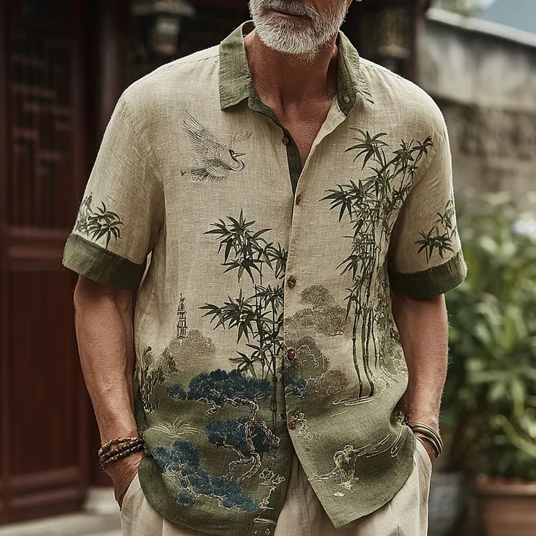 Men's Retro Japanese Bamboo Print Linen Blend Short-sleeve Shirt