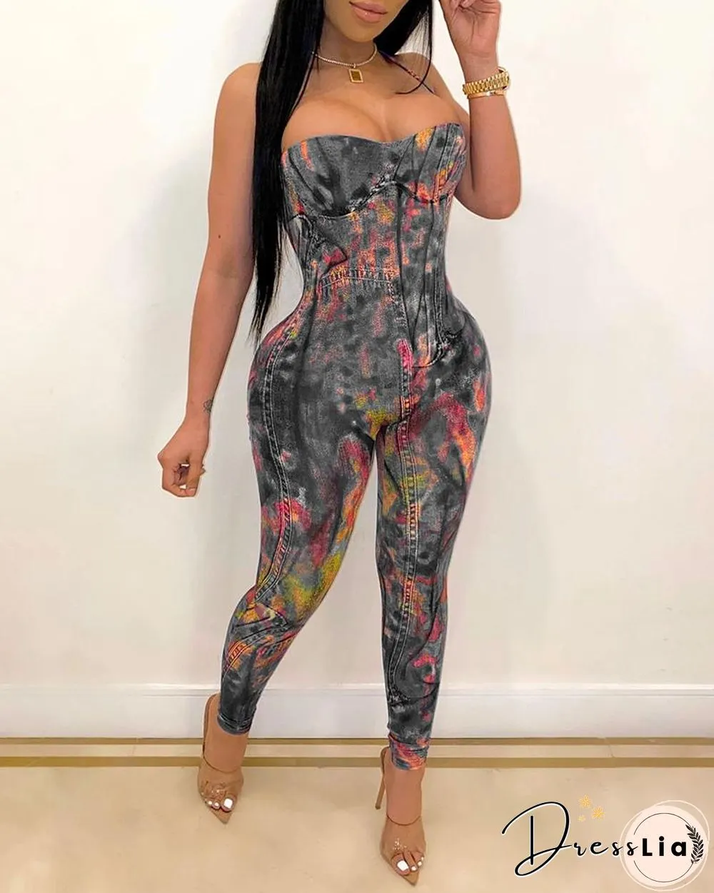 Tie Dye Sleeveless Slim Strappy Jumpsuit
