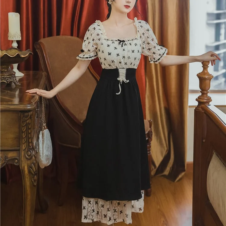 Women cottagecore Dress Summer Retro Square Collar Puff Sleeve Dress