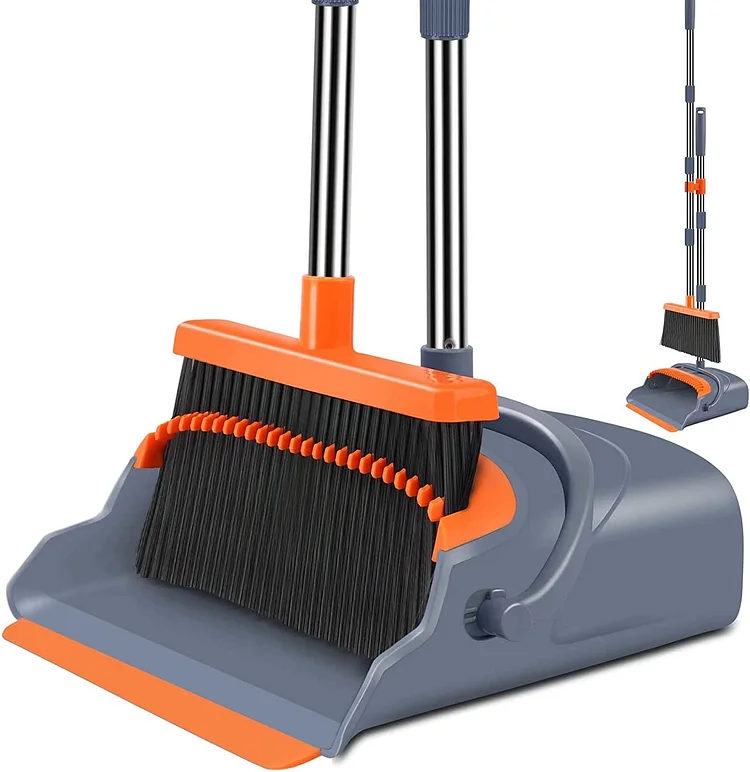 Upgrade Broom and Dustpan Set. Self-Cleaning with Dustpan Teeth. Ideal for Dog Cat Pets Home Use. Super Long Handle Upright Stand Up Broom and Dustpan Set (Gray&Orange)