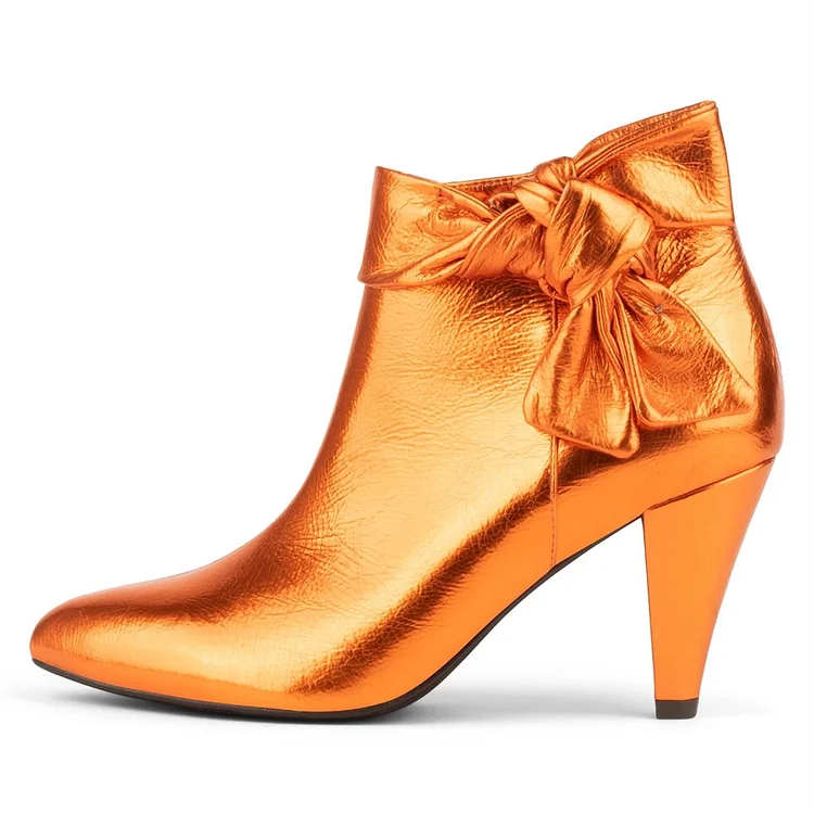 Metallic Orange Bow Ankle Boots Pointy Toe Cone Heels Booties |FSJ Shoes