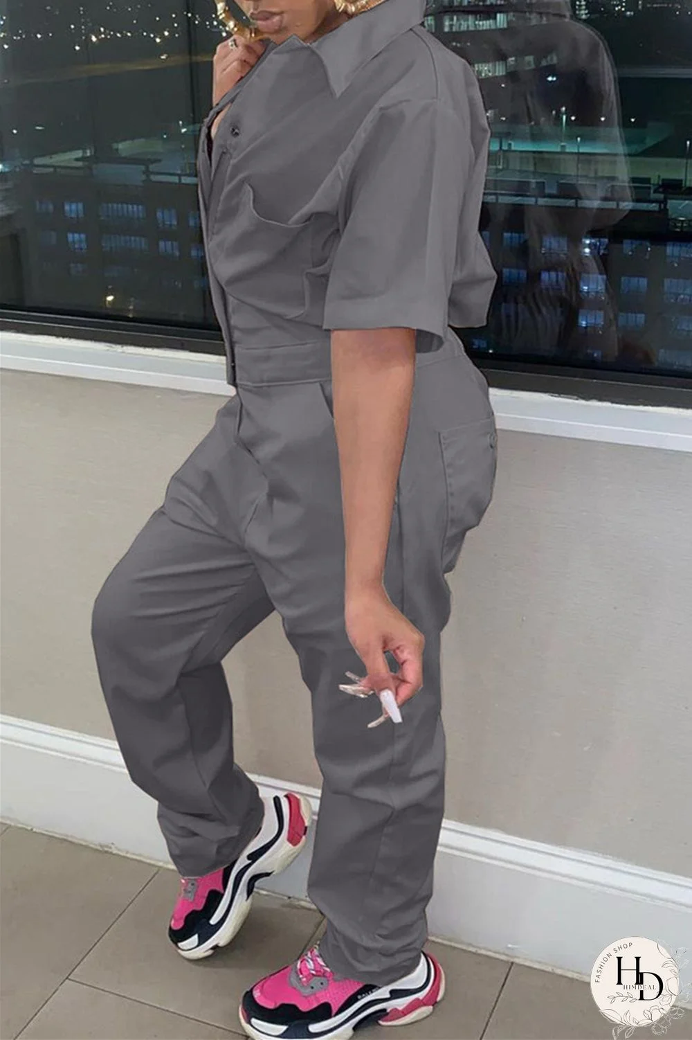 Grey Fashion Casual Solid Basic Turndown Collar Regular Jumpsuits