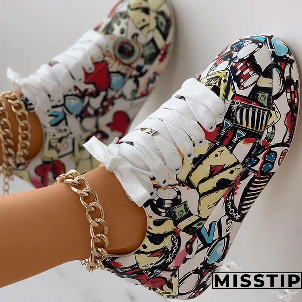 Black Fashion Casual Bandage Graffiti Round Comfortable Out Door Shoes