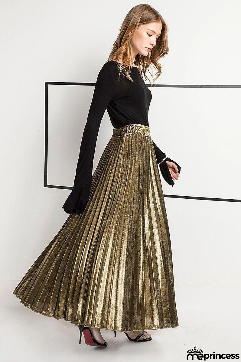 Women's Skirt Maxi Pleated Swing Long Skirt Silver Gold Skirts Shiny Metallic Shimmery Fashion Casual Daily S M L