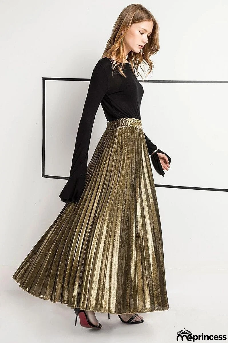 Women's Skirt Maxi Pleated Swing Long Skirt Silver Gold Skirts Shiny Metallic Shimmery Fashion Casual Daily S M L