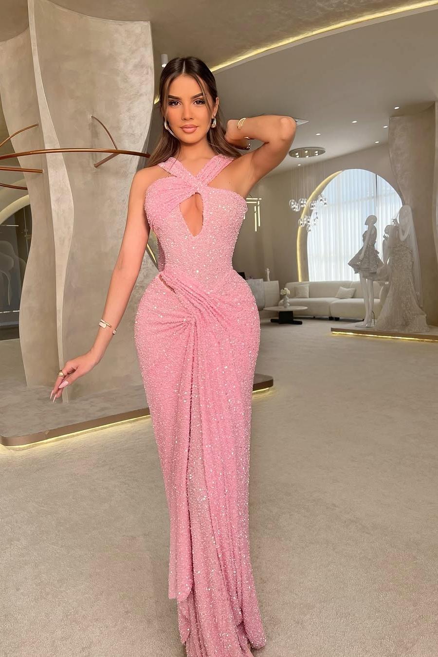 Oknass Halter Sequins Sleeveless Mermaid Long Prom Dress With Pleated