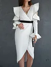 Simple V-Neck Hollow Long Sleeve Falbala Belted Asymmetric Urban Midi Dress