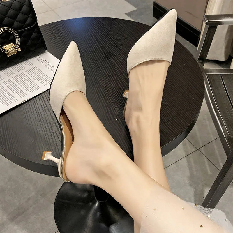 Qengg Summer Sutumn Slippers Women Shoes Fashion All-match Pointed Slides Spike Heels Beige Black Mules Shoes High Heels