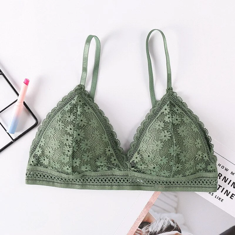 French style sexy ladies lace pierced steel sports bra beauty back wrapped chest comfortable stretch bra triangle cup underwear