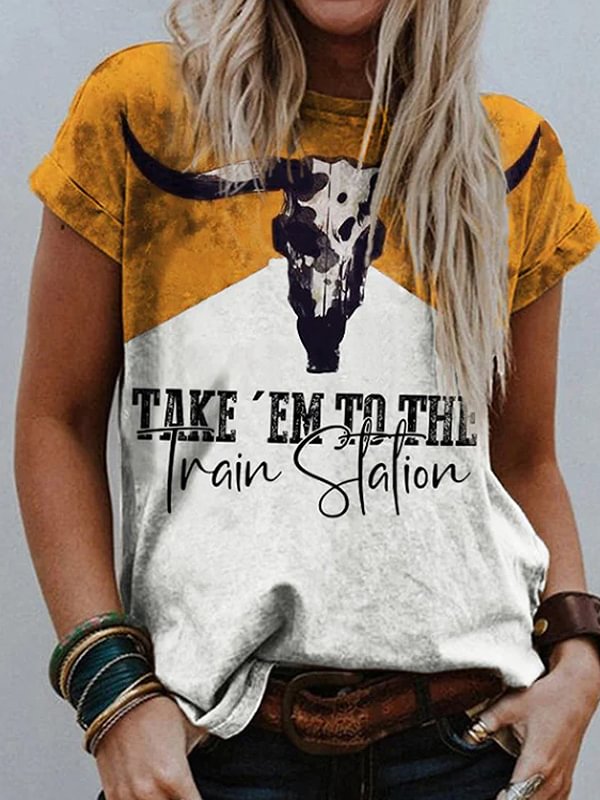 Vintage Bull Skull Take'Em To The Train Station V-Neck T-Shirt
