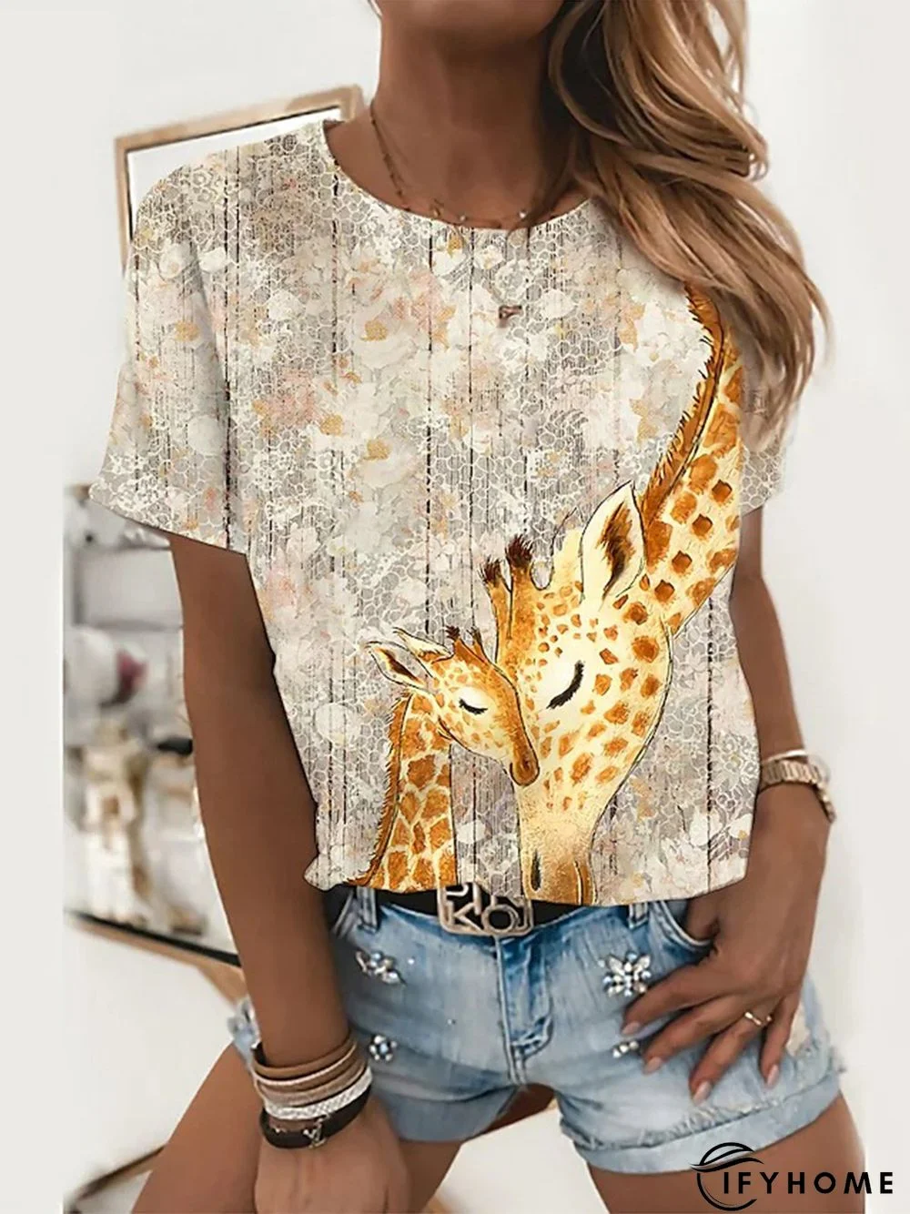 Apricot Casual Animal Printed Short Sleeve Shift T-shirt | IFYHOME