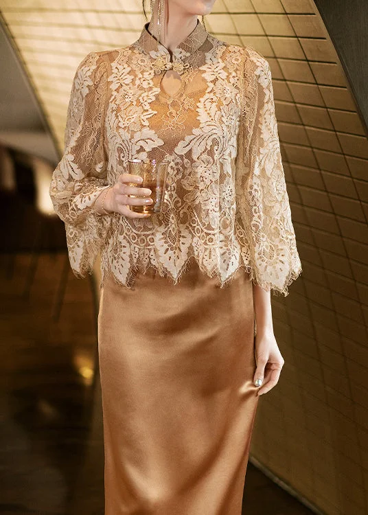 Fine Gold Stand Collar Lace Tops And Dress Silk Two Pieces Set Fall