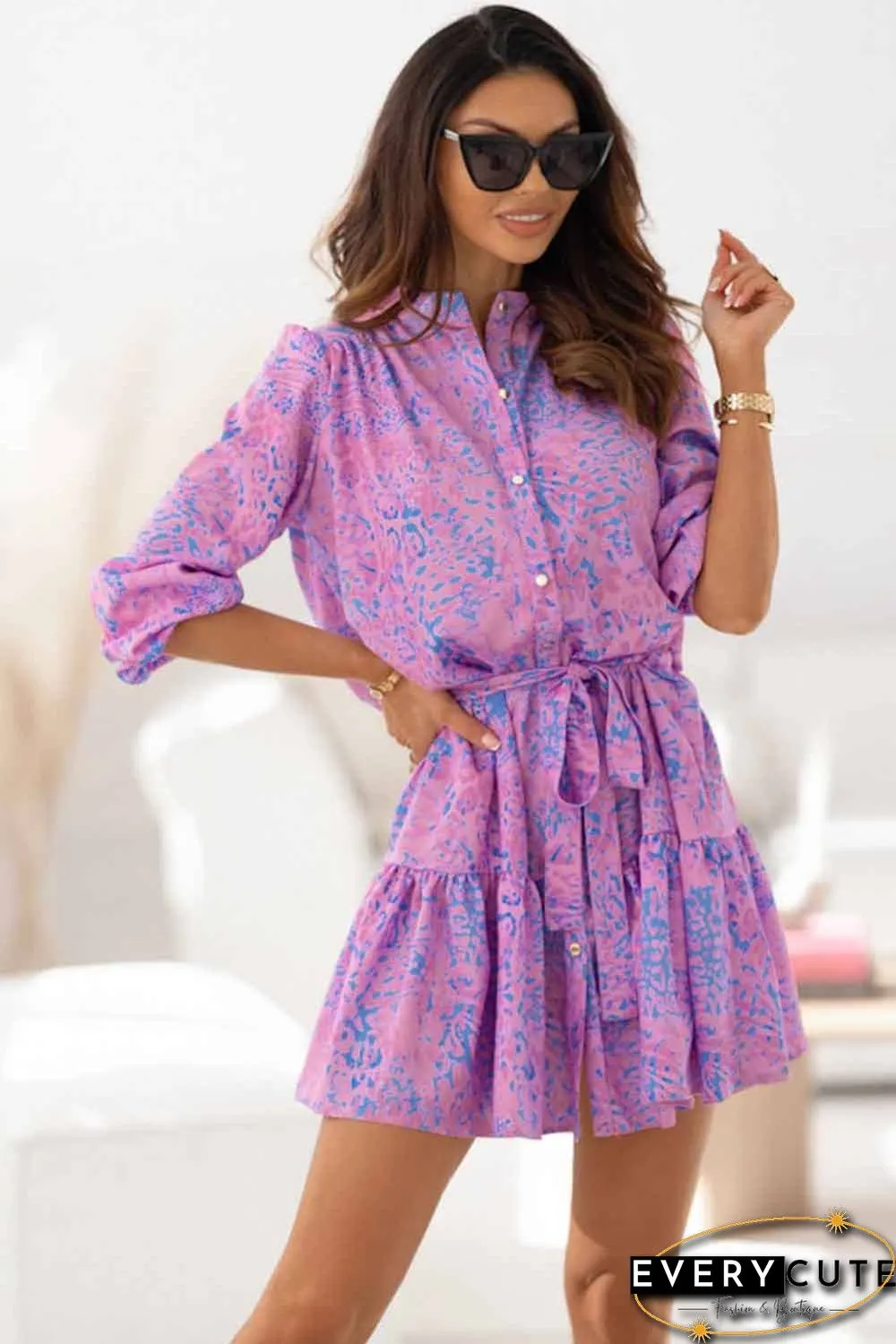 Purple Leopard Print Long Sleeve Shirt Dress