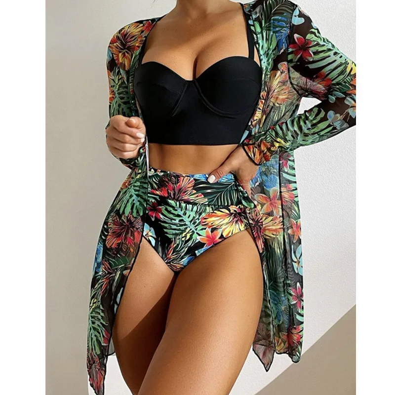 Mongw Mongw New Sexy Bikini Mesh Three-Piece Set Gathered Print Split Swimsuit Woman