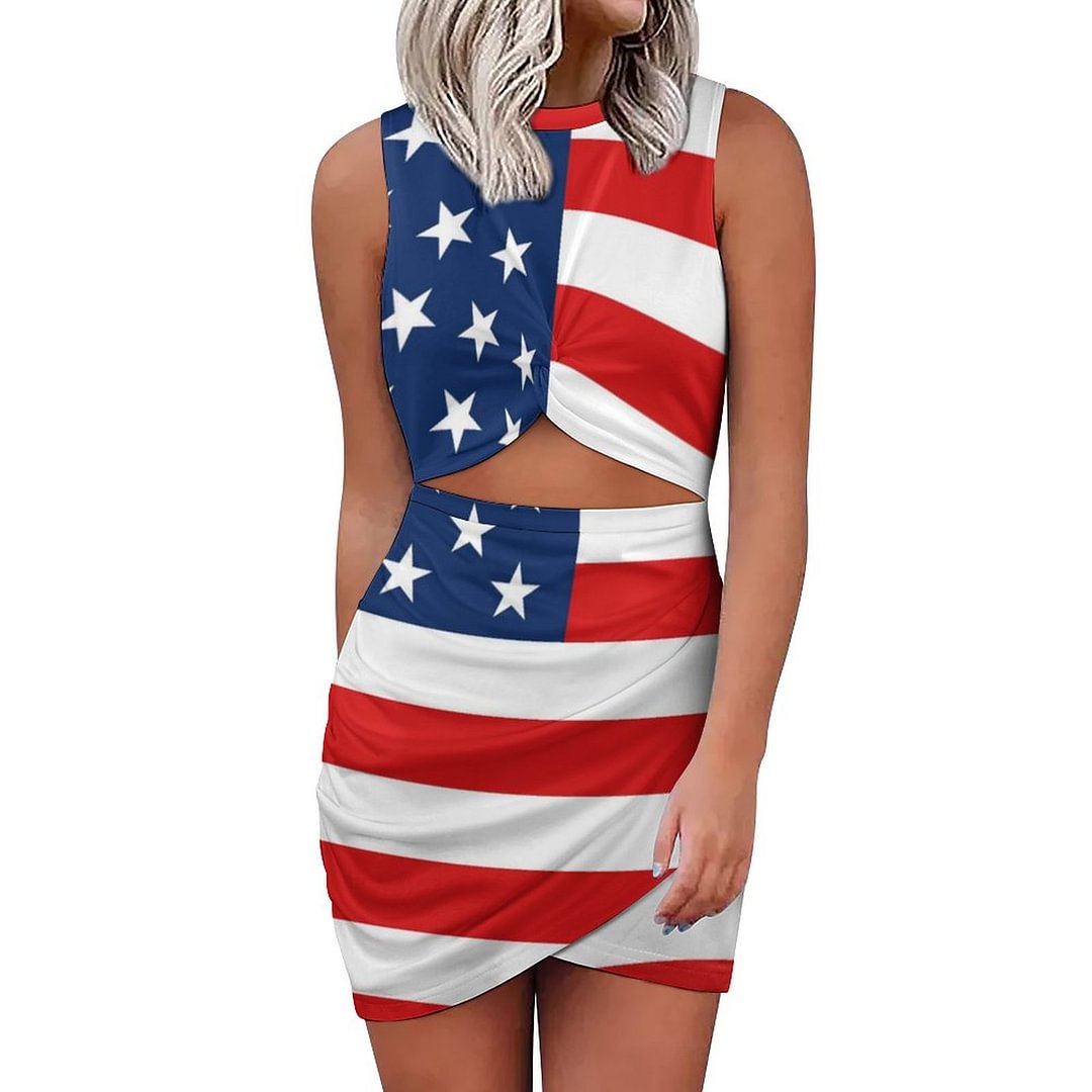 American Flag 4Th Of July Hollow Out Twist Bodycon Dress Women Ruched Wrap Slim Party Club Evening Mini Dresses