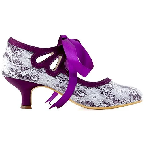 Purple Lace Heels Tie up Vintage Kitten Heel Pumps for Wedding |FSJ Shoes