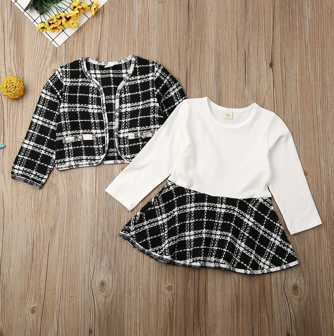 2Pcs Autumn Winter Party Kids Clothes For Baby Girl Fashion Pageant Plaid Coat Tutu Dress Outfits Suit Toddler Girl Clothing Set