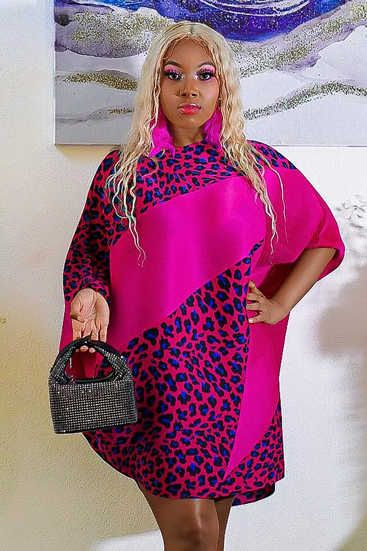 Leopard Print Batwing Sleeve Loose Fit Mini Dresses-Fuchsia