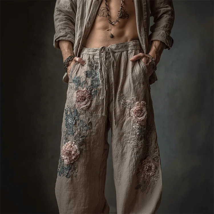 Men's Vintage Flowers Embroidered Wide Leg Linen Pants