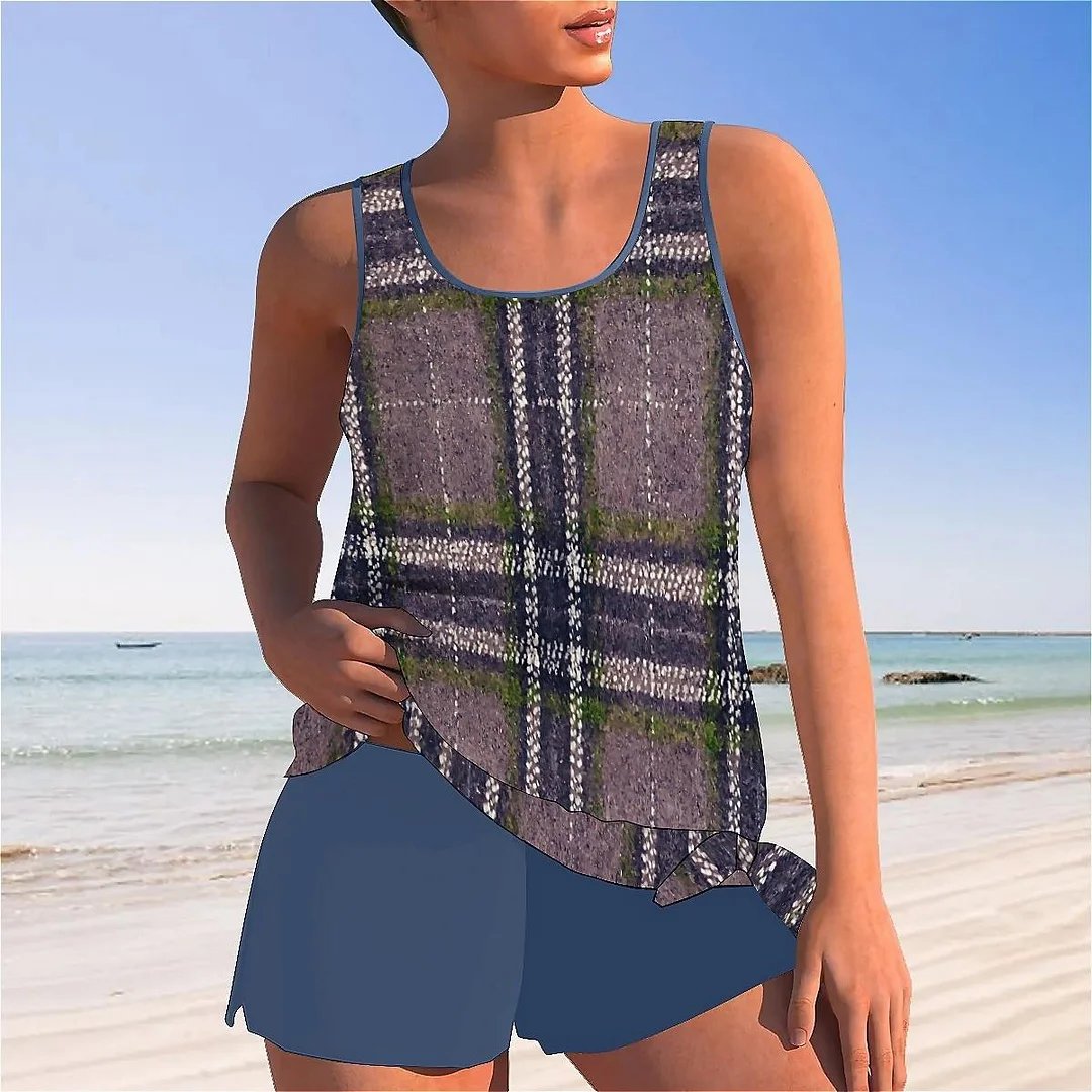 Bowknot Plaid,Brown Mid Waisted Tankini Set - Plus Size Available