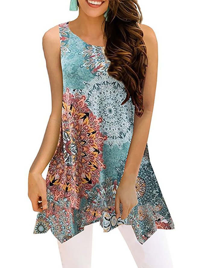 Casual Sleeveless Floral-print Crew Neck Floral Tanks  Cami