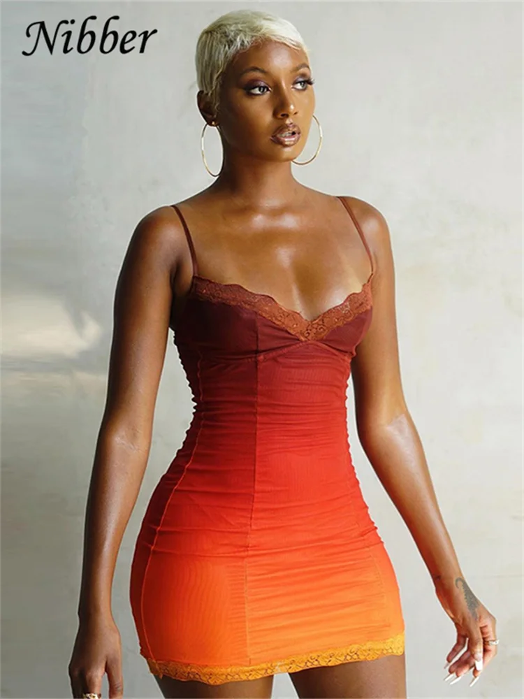Nibber Fashionable Gradient Color Bodycon Women Mini Dress Sexy Lace Party Clubwear Spaghetti Straps Casual Street Clother