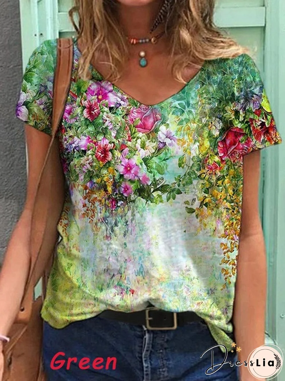 Women's V-neck Casual Color Flower Painting Short Sleeve T-shirt Loose Top Plus Size Summer Blouse XS-5XL