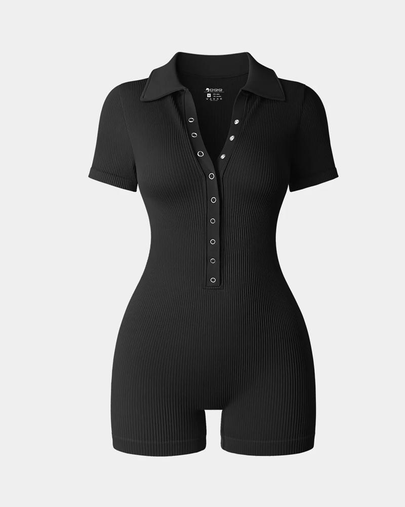 Ribbed V-Neck Elastic Waist-Cinching Tummy-Control Sports Yoga Bodysuit