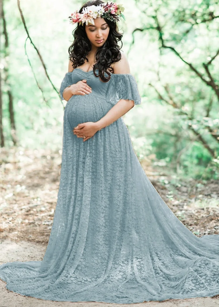 Summer Elegant Lace Off Shoulder Mesh Maternity Long Dress