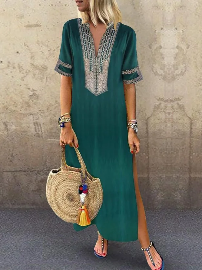 V neck Green Shift Women Daily Summer Dress