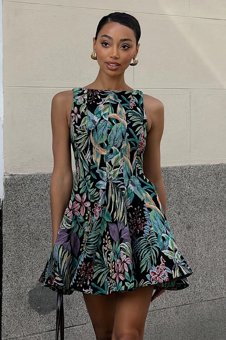 Floral Print A-Line Mini Tank Dresses-Green [Pre Order]