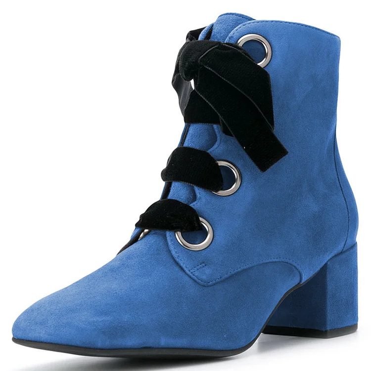Blue Vegan Suede Lace Up Block Heels Ankle Boots |FSJ Shoes