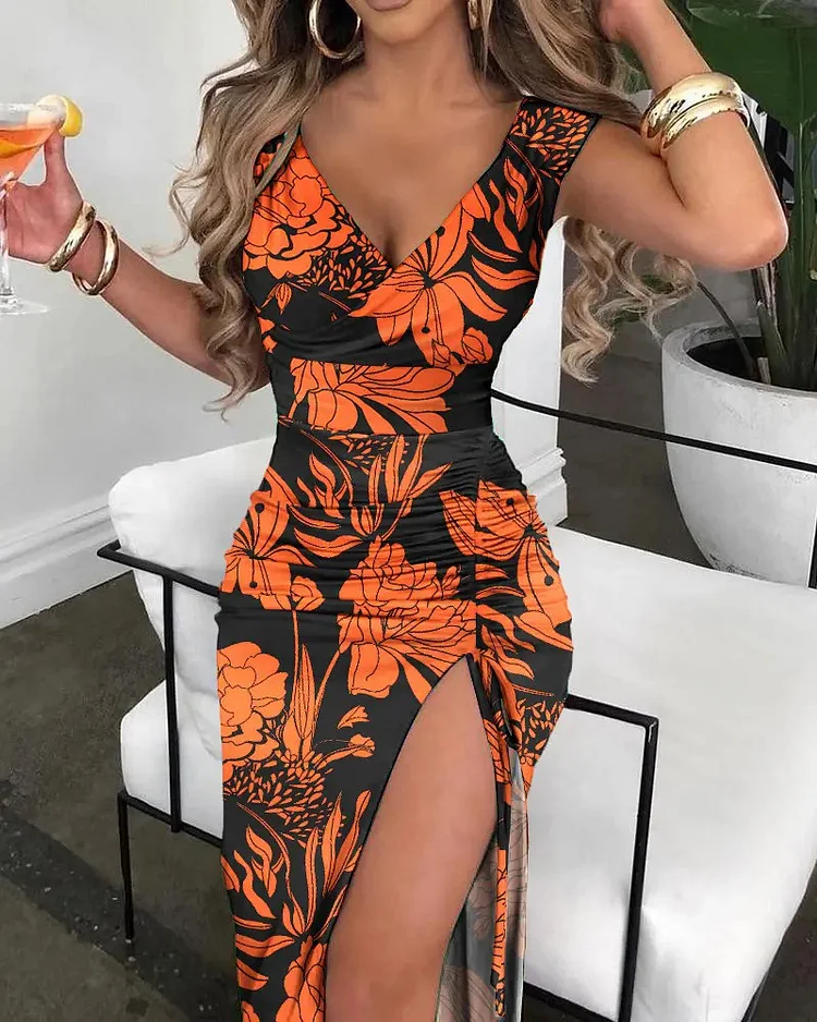 Women's Summer V Neck Gradient Slim Sexy Drawstring Pleated Slit Midi Dress