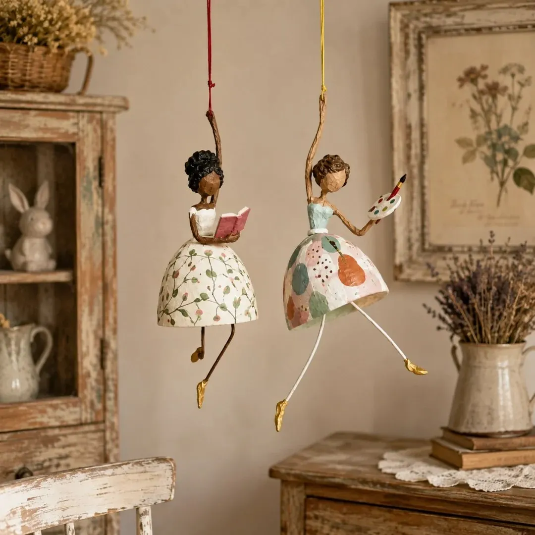 Reading and artist hanging lady ornaments