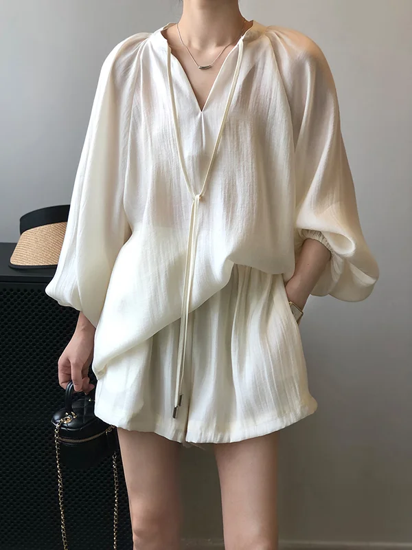 Sun Protection Loose Solid Color Split-Joint Tied V-neck Long Sleeves Top+Shorts Two Pieces Set