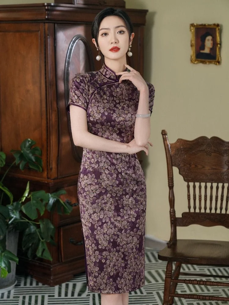 Floral print, silk midi Cheongsam