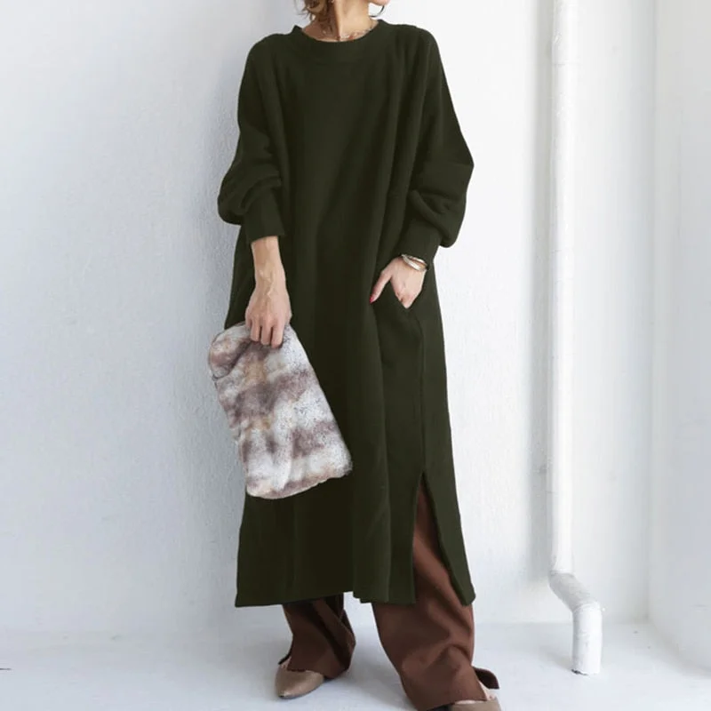ZANZEA Autumn Winter Sundress Casual Long Sleeve Loose Sweatshirt Dress Split Hem Long Vestidos Solid Baggy Fleece Pullover