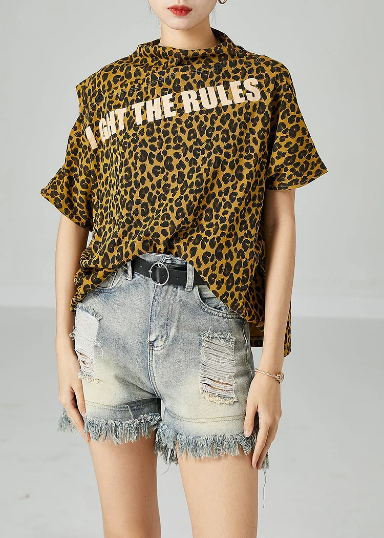 5.6Boho Yellow Cold Shoulder Leopard Print Cotton Tops Summer