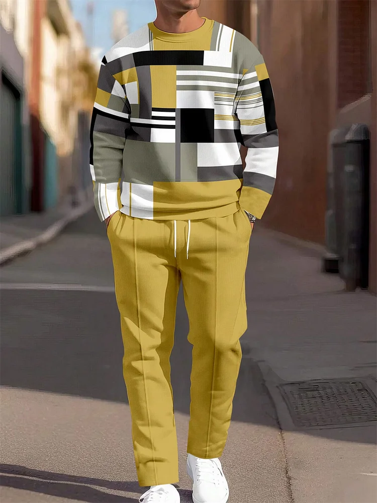Men's Simple Colorblock Round Neck Casual Sports Set 051