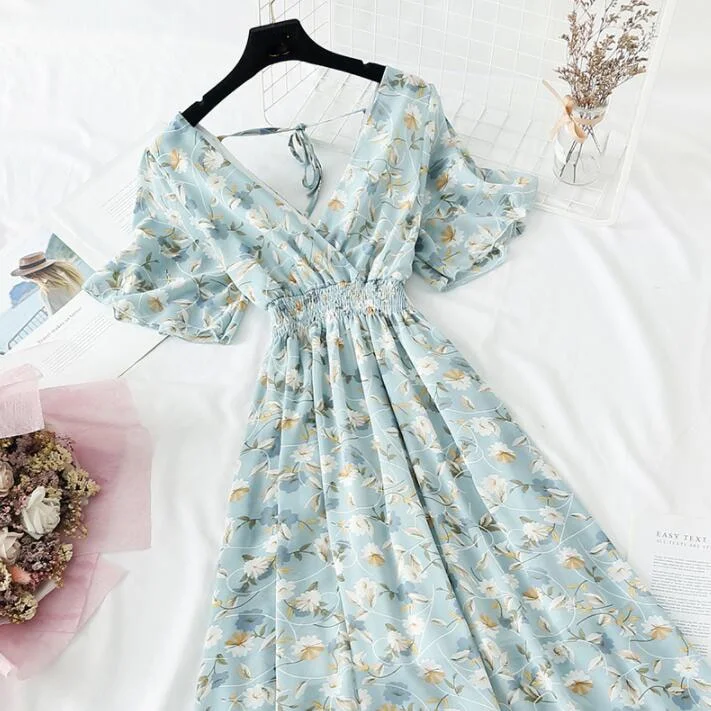Summer Dress Vintage Floral Ruffles Women Print Short sleeve Chiffon Boho Dresses Mid-calf A-line Backless Sexy Dress Vestidos