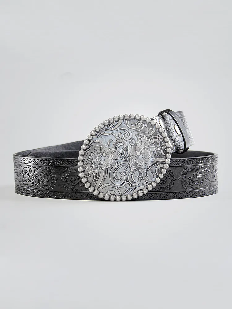 Western Retro PU Leather Floral Carved Belt