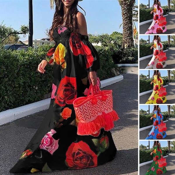 Women Off Shoulder Oversized Flare Sleeve Summer Holiday Beach Sundress Bohemian Floral Dress S-5XL - BlackFridayBuys