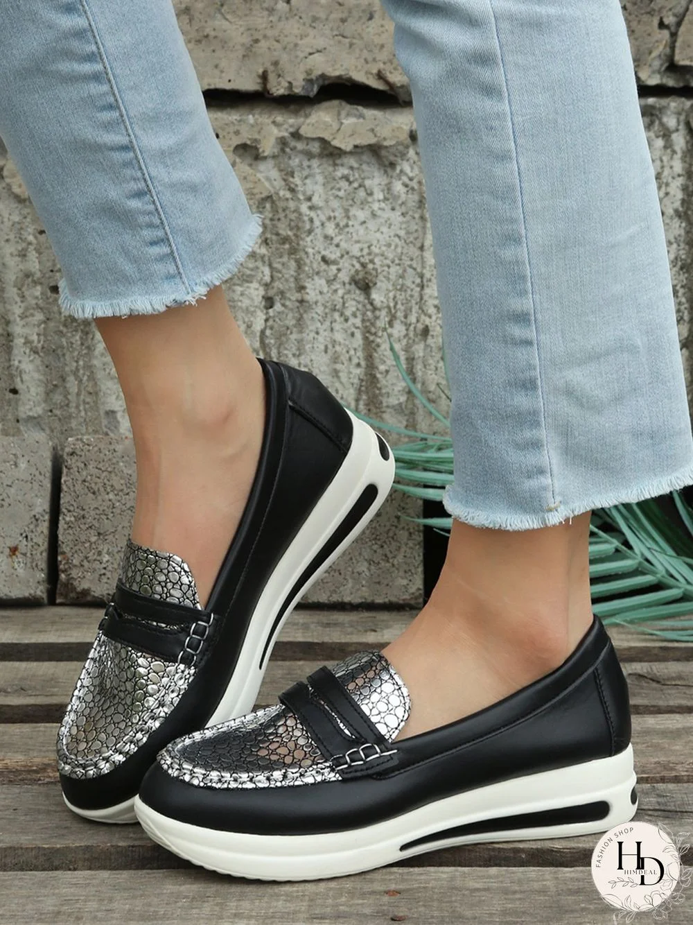 Casual Snakeskin All Season Split Joint Round Toe Plus Size Slip On Loafers EVA Flats for Women