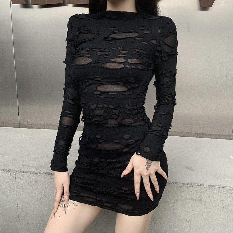 Goth Long Sleeve Black Mini Dress