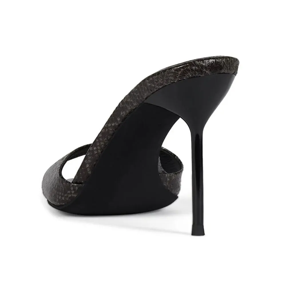 YDN Black & Grey Round Toe Comfy  Python Slip On High Heel Mules