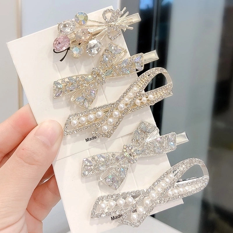 Internet Celebrity Hot Hairpin Girl's Bow Pearl Crystal Side Clip Elegant Side Duckbill Clip Hair Accessories