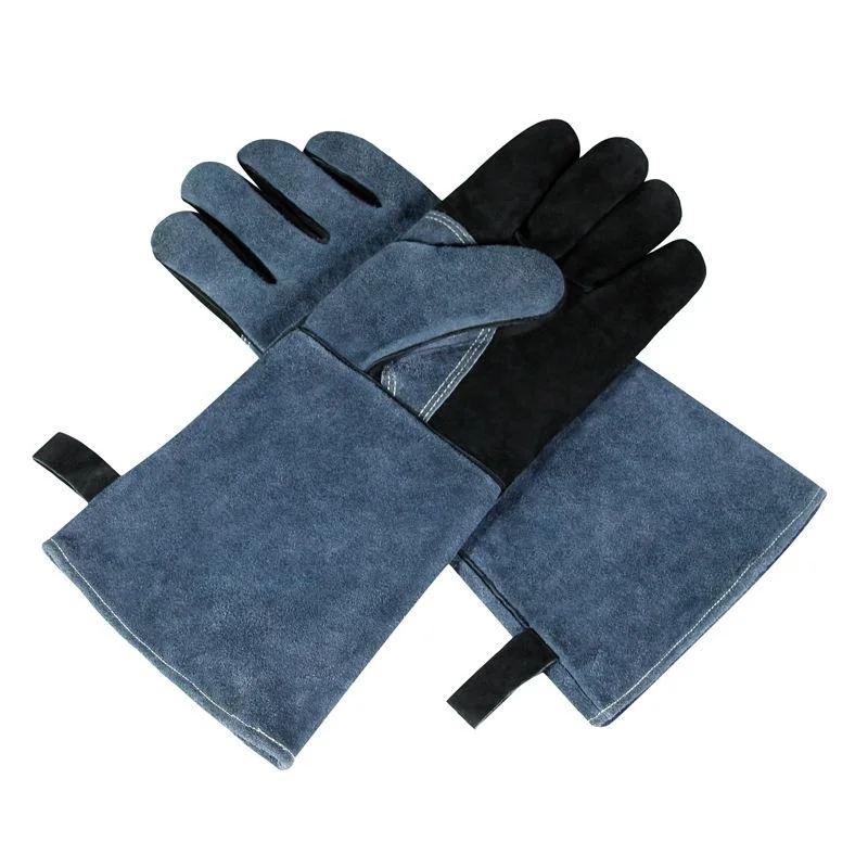 Cowhide BBQ Gloves Thickened Anti-hot Oven Welding Protection Gloves, Specification: A2416 14 inch Gray Black