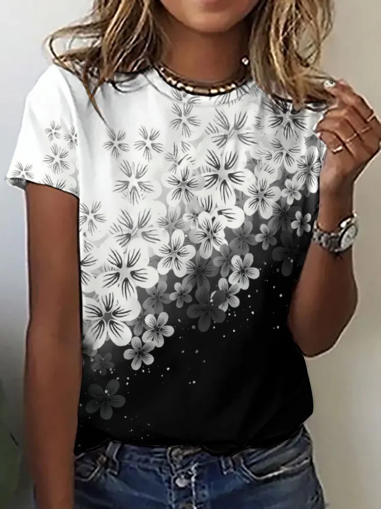 Printed Short Sleeve Casual T-shirt for  Women and Men Unisex Pattern Floral, Black